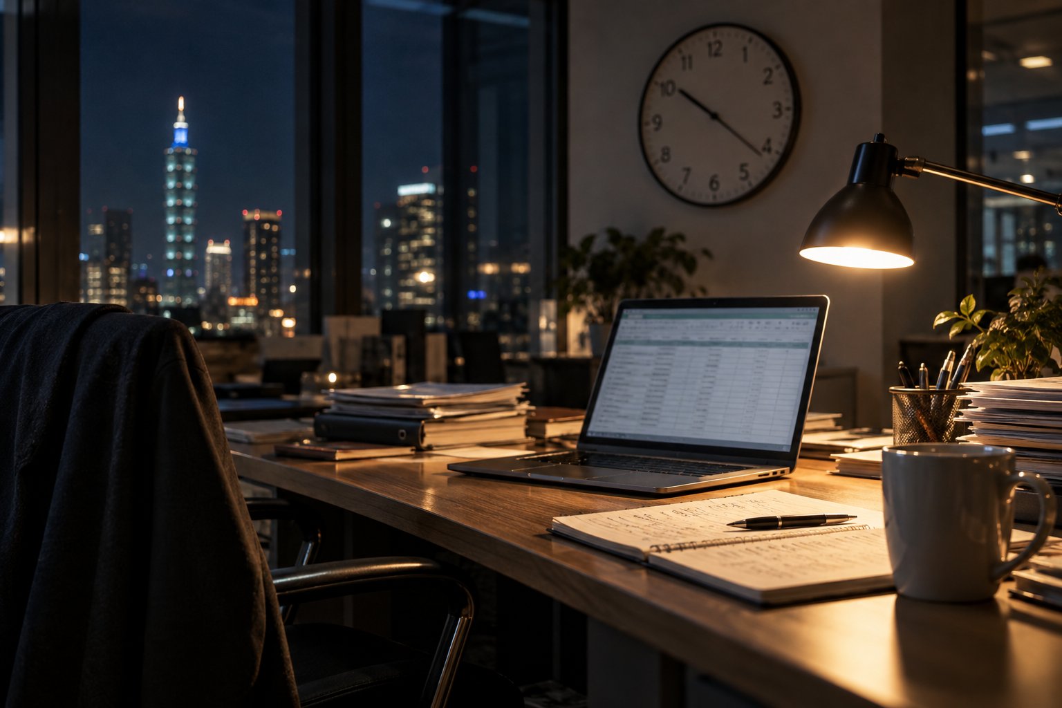 夜間辦公桌上的電腦、筆記與時鐘,象徵加班紀錄